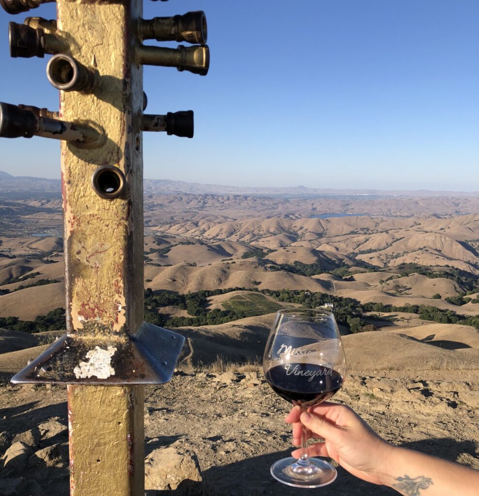 Mission Peak Summit overlooking the San Francisco Bay area with sweeping hills. Peek pole in frame. Man holding a glass of wine in frame. September 2019