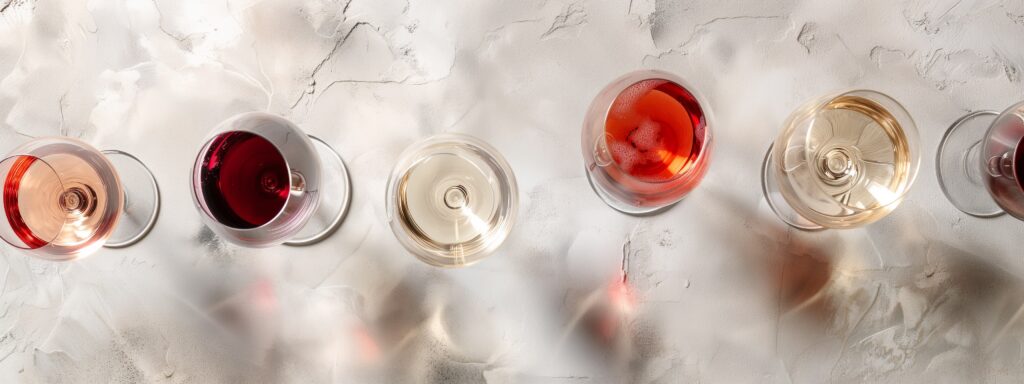 white pinot noir and other colored wines in an overhead shot on a marble table