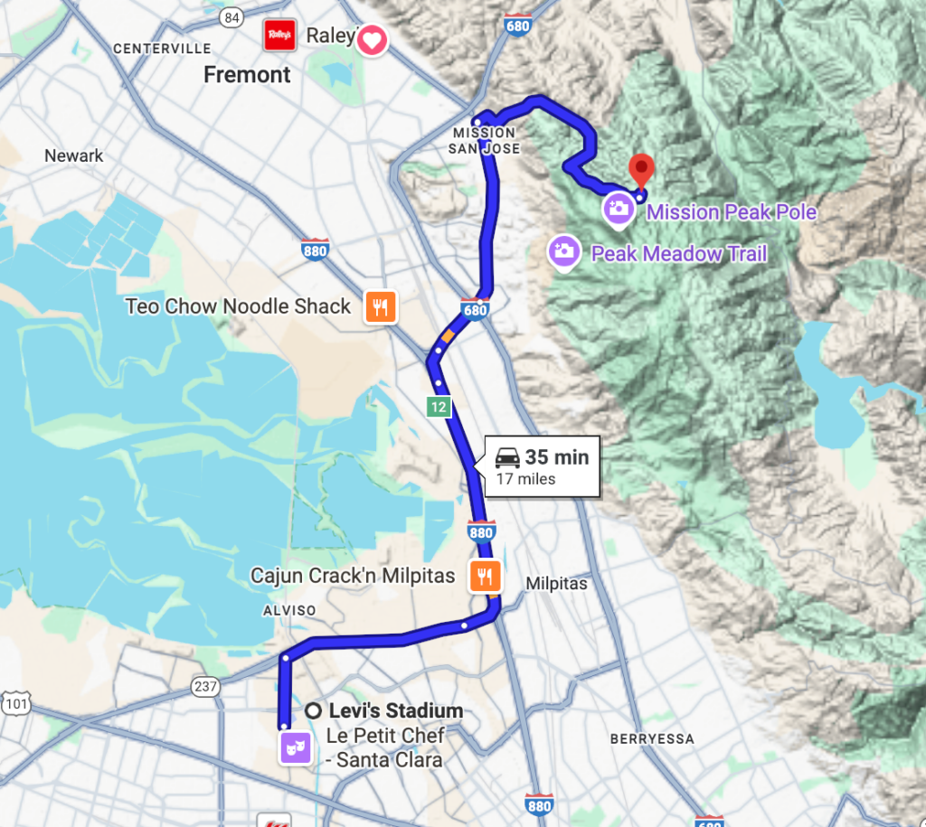 Map of Levi Stadium to Mission Peak Wine
